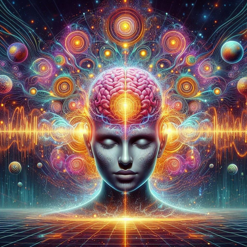 An artistic representation of the mind with a glowing brain, vibrant energy waves, and colorful orbs, symbolizing inner thought processes and self-awareness.