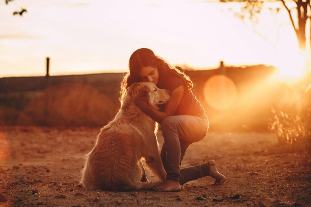 
Young woman hugging a golden retriever at sunset, showing emotional connection and support through touch and companionship.