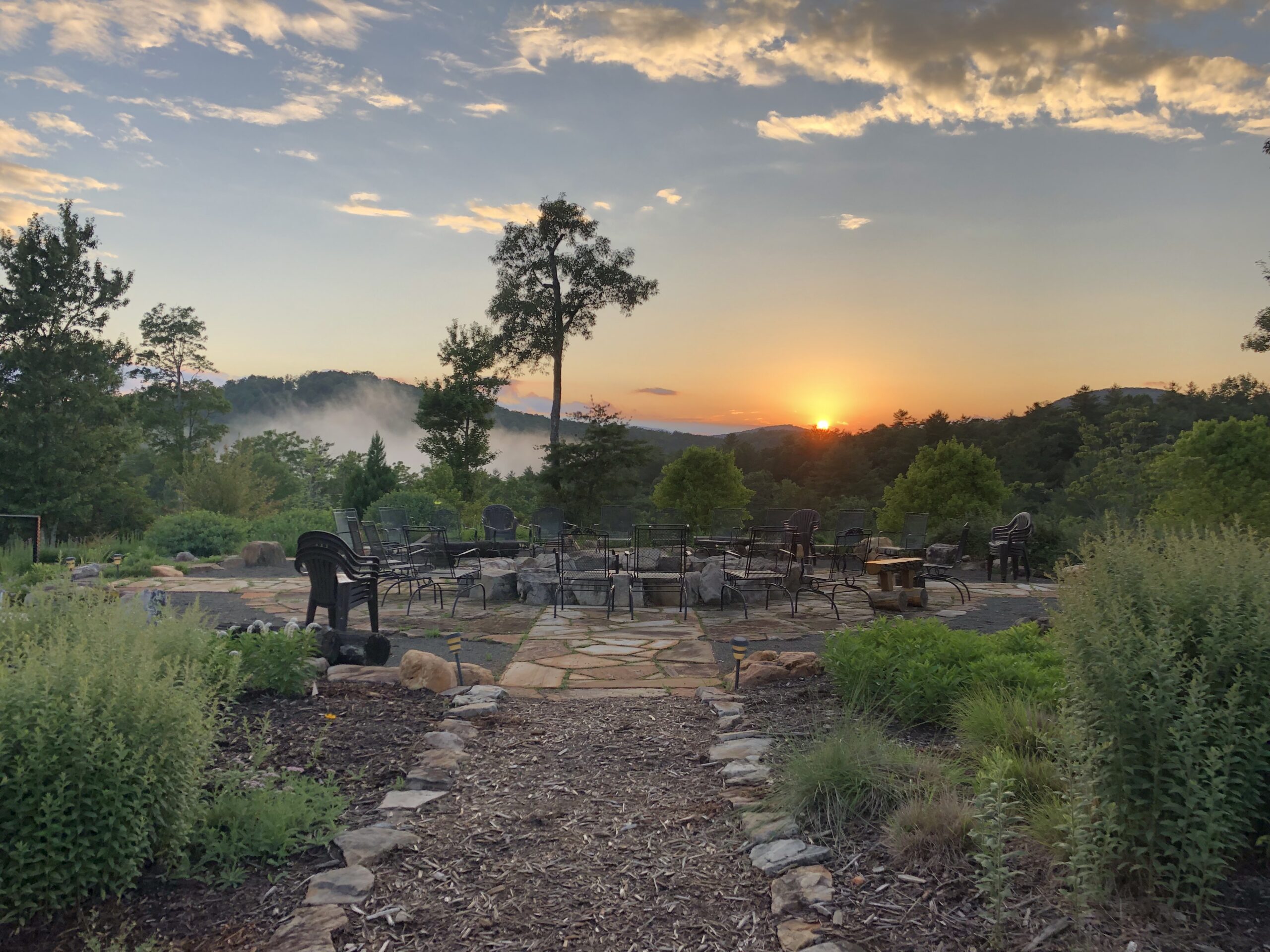 The fire circle at Elohee Retreat Center as evening settles in